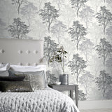 Arthouse Wildwood Wallpaper, Monochrome Glitter Woodland Design – Hardwearing Textured Vinyl
