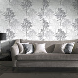 Arthouse Wildwood Wallpaper, Monochrome Glitter Woodland Design – Hardwearing Textured Vinyl
