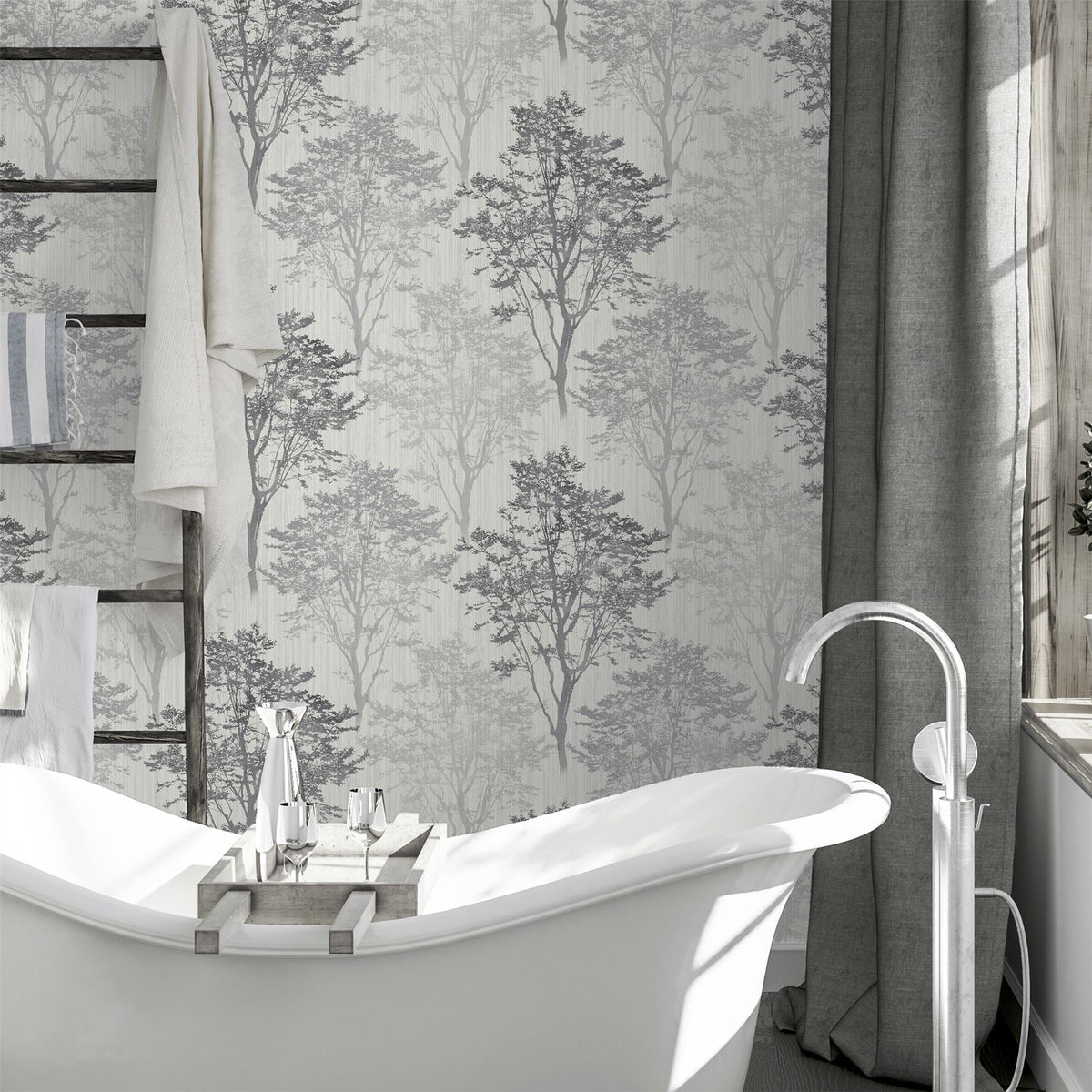 Arthouse Wildwood Wallpaper, Monochrome Glitter Woodland Design – Hardwearing Textured Vinyl