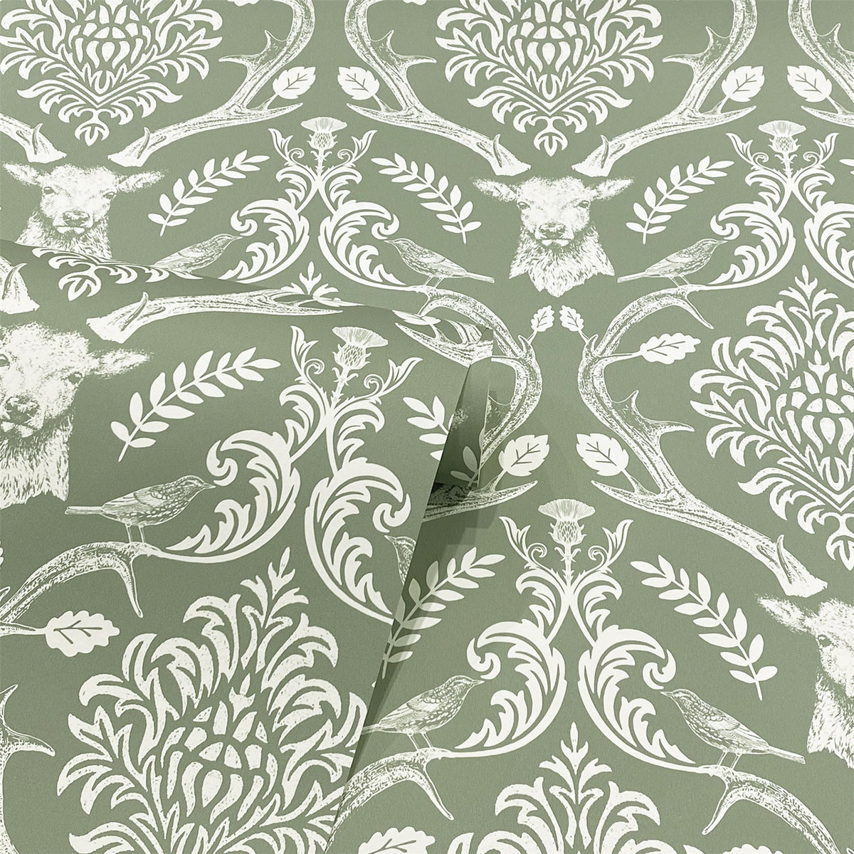 Arthouse Stag Damask Wallpaper, Sage Green – Traditional Stag, Thistle & Bird Design