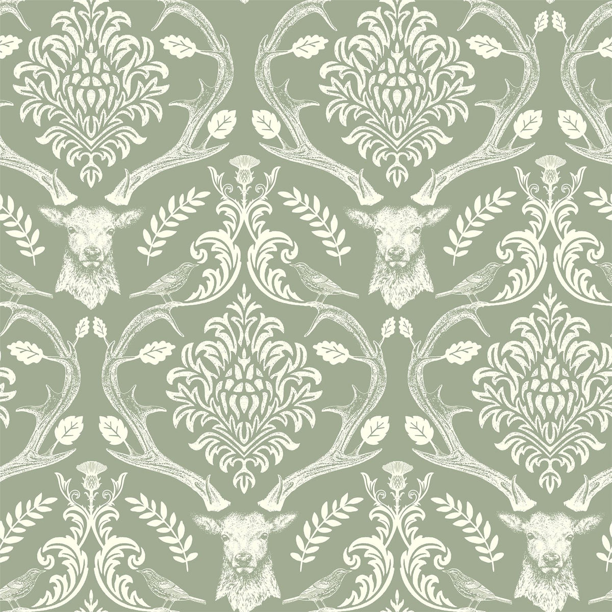 Arthouse Stag Damask Wallpaper, Sage Green – Traditional Stag, Thistle & Bird Design