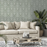Arthouse Stag Damask Wallpaper, Sage Green – Traditional Stag, Thistle & Bird Design
