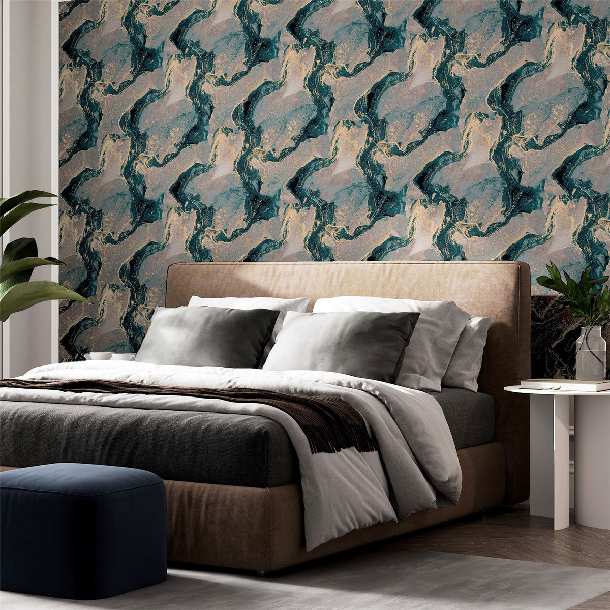 Arthouse Abstract Marble Wallpaper, Teal & Gold Metallic – Feature Wall Design for Living Rooms & Bedrooms