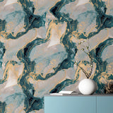 Arthouse Abstract Marble Wallpaper, Teal & Gold Metallic – Feature Wall Design for Living Rooms & Bedrooms
