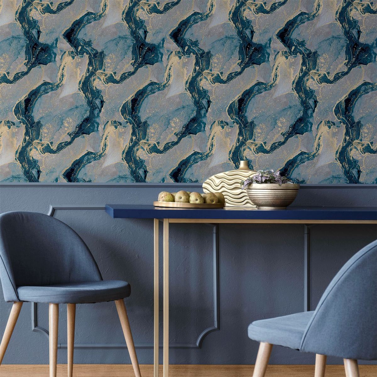 Arthouse Abstract Marble Wallpaper, Teal & Gold Metallic – Feature Wall Design for Living Rooms & Bedrooms