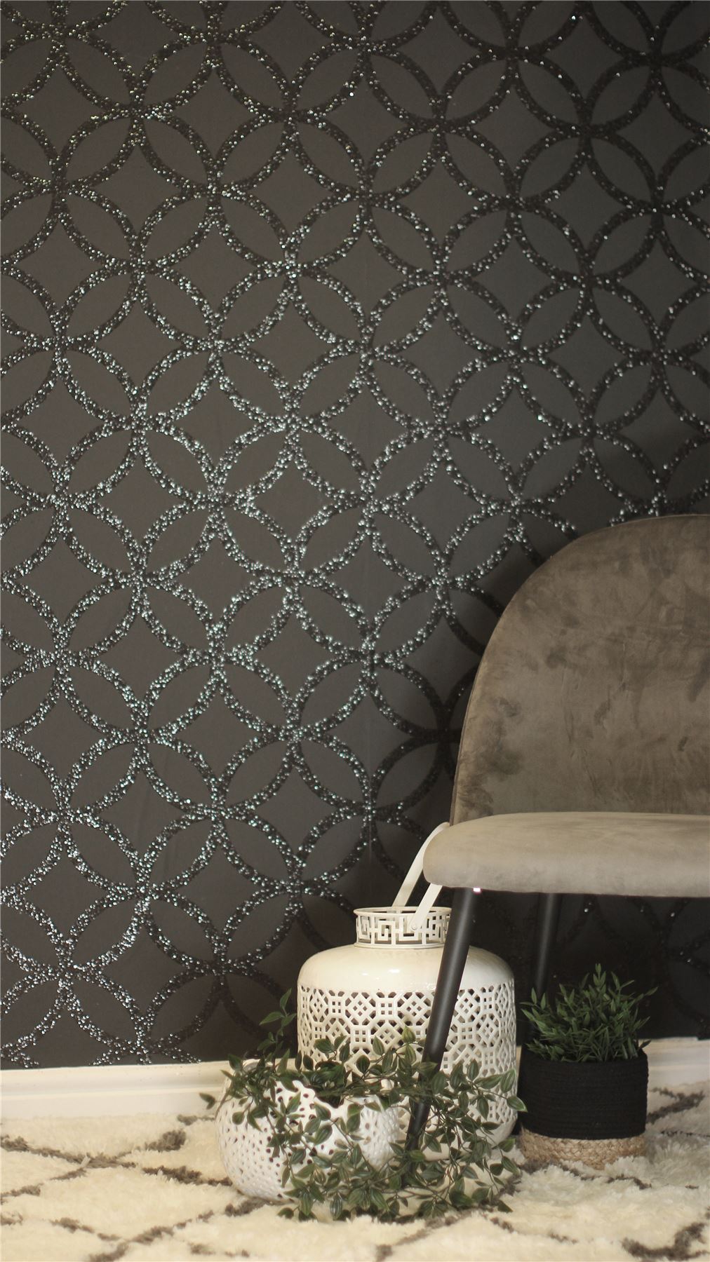 Arthouse Sequin Geo Wallpaper, Black Glitter – Real Glitter Geometric Design on Matt Background