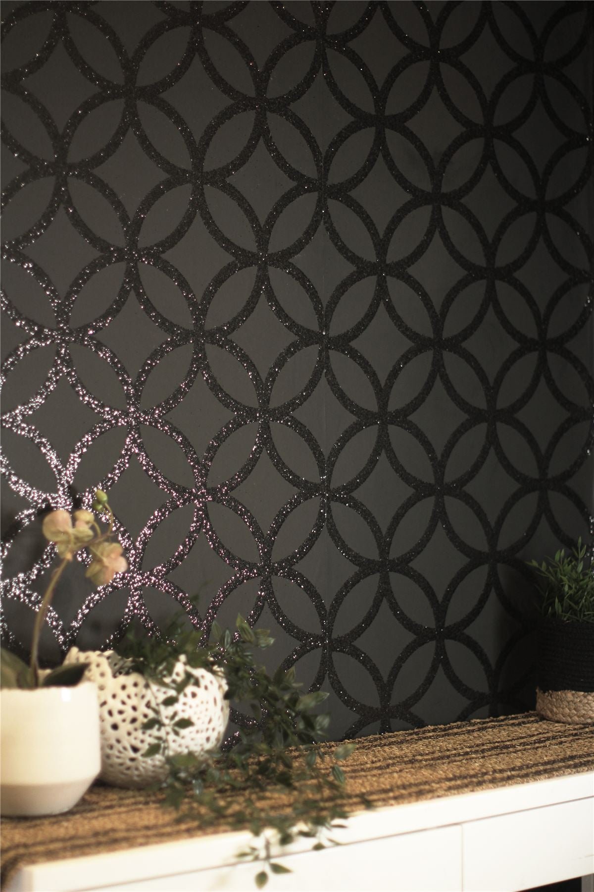 Arthouse Sequin Geo Wallpaper, Black Glitter – Real Glitter Geometric Design on Matt Background