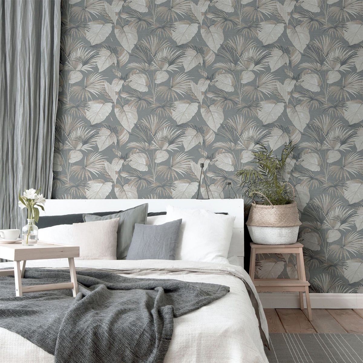 Arthouse Palm Grove Wallpaper – Paste the Wall Tropical Palm Leaf Feature Wall Covering, Grey and Beige