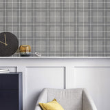 Arthouse Heritage Check Wallpaper – Paste the Paper Tartan Fabric Effect Wall Covering, Grey and Silver