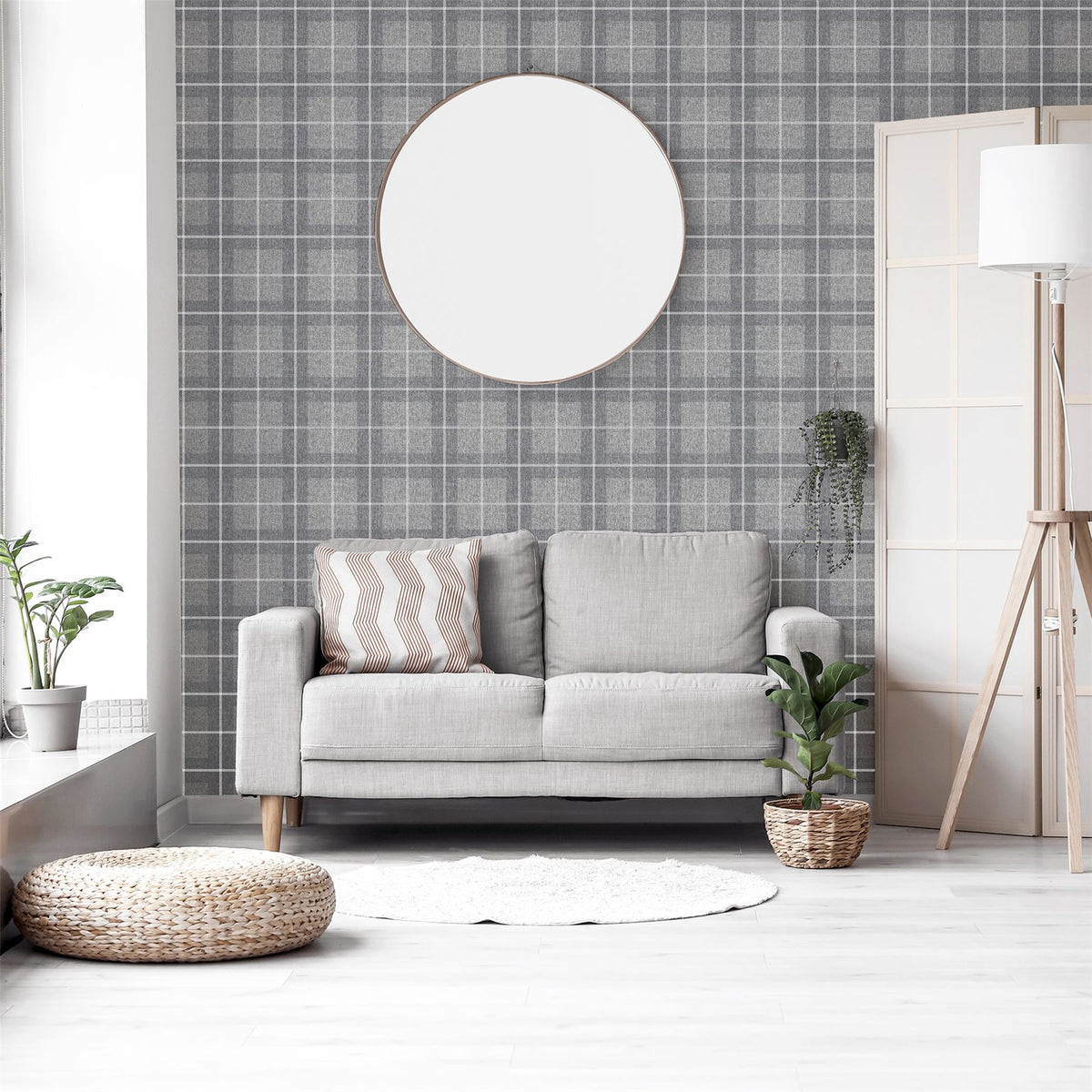 Arthouse Heritage Check Wallpaper – Paste the Paper Tartan Fabric Effect Wall Covering, Grey and Silver