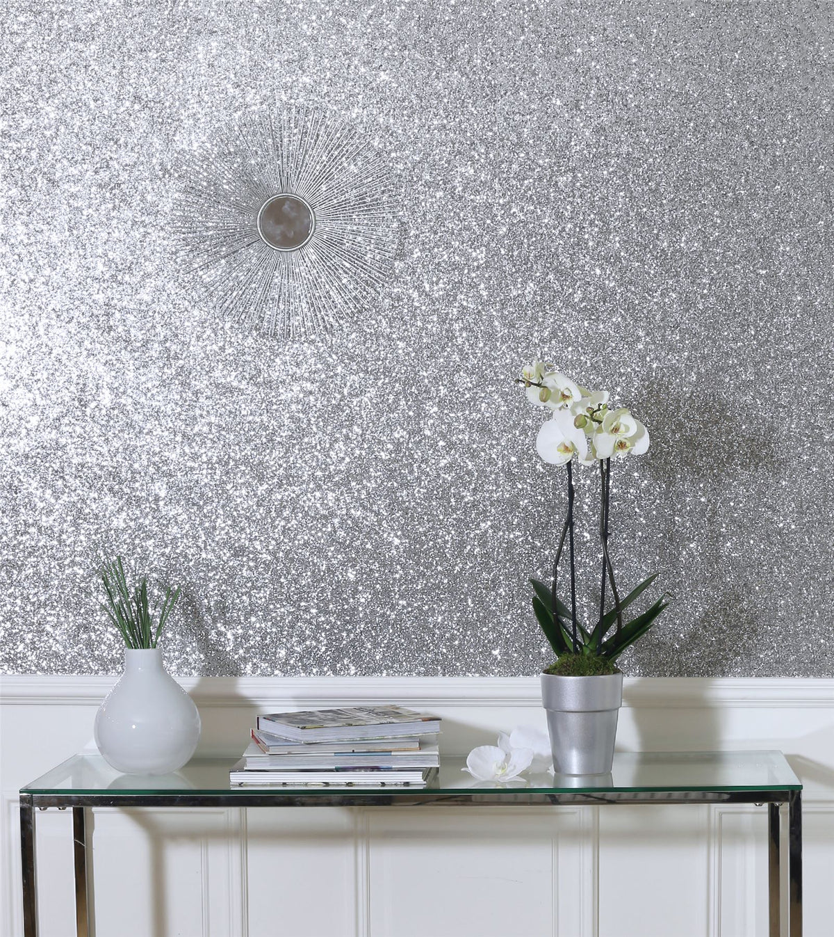 Arthouse Sequin Sparkle Wallpaper – Paste the Wall Textured Metallic Sequin Finish, Silver