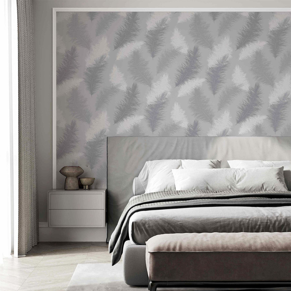Arthouse Sussurro Wallpaper – Paste the Paper Gel Effect Feathers Feature Wall Covering, Grey