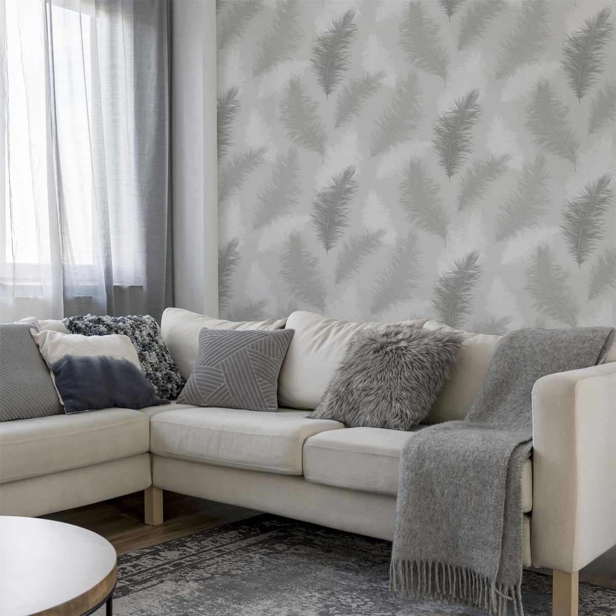 Arthouse Sussurro Wallpaper – Paste the Paper Gel Effect Feathers Feature Wall Covering, Grey