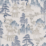 Arthouse Japanese Pagoda Wallpaper – Paste the Paper Blossom and Mountain Design, Blue Grey on Off-White