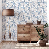 Arthouse Japanese Pagoda Wallpaper – Paste the Paper Blossom and Mountain Design, Blue Grey on Off-White