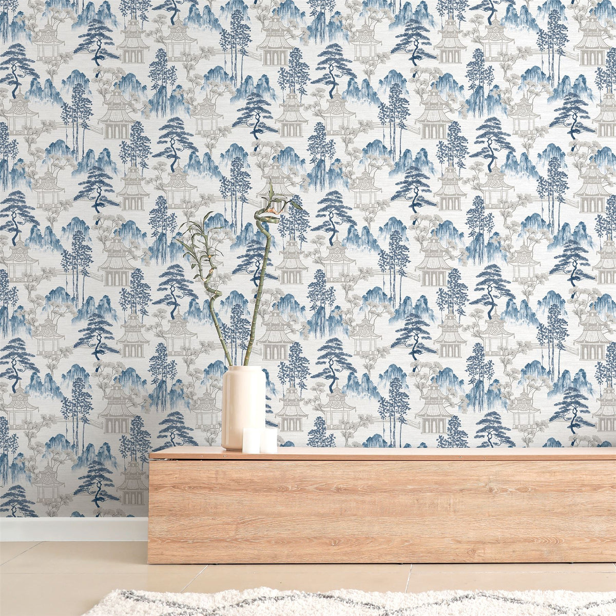 Arthouse Japanese Pagoda Wallpaper – Paste the Paper Blossom and Mountain Design, Blue Grey on Off-White