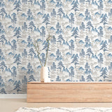 Arthouse Japanese Pagoda Wallpaper – Paste the Paper Blossom and Mountain Design, Blue Grey on Off-White