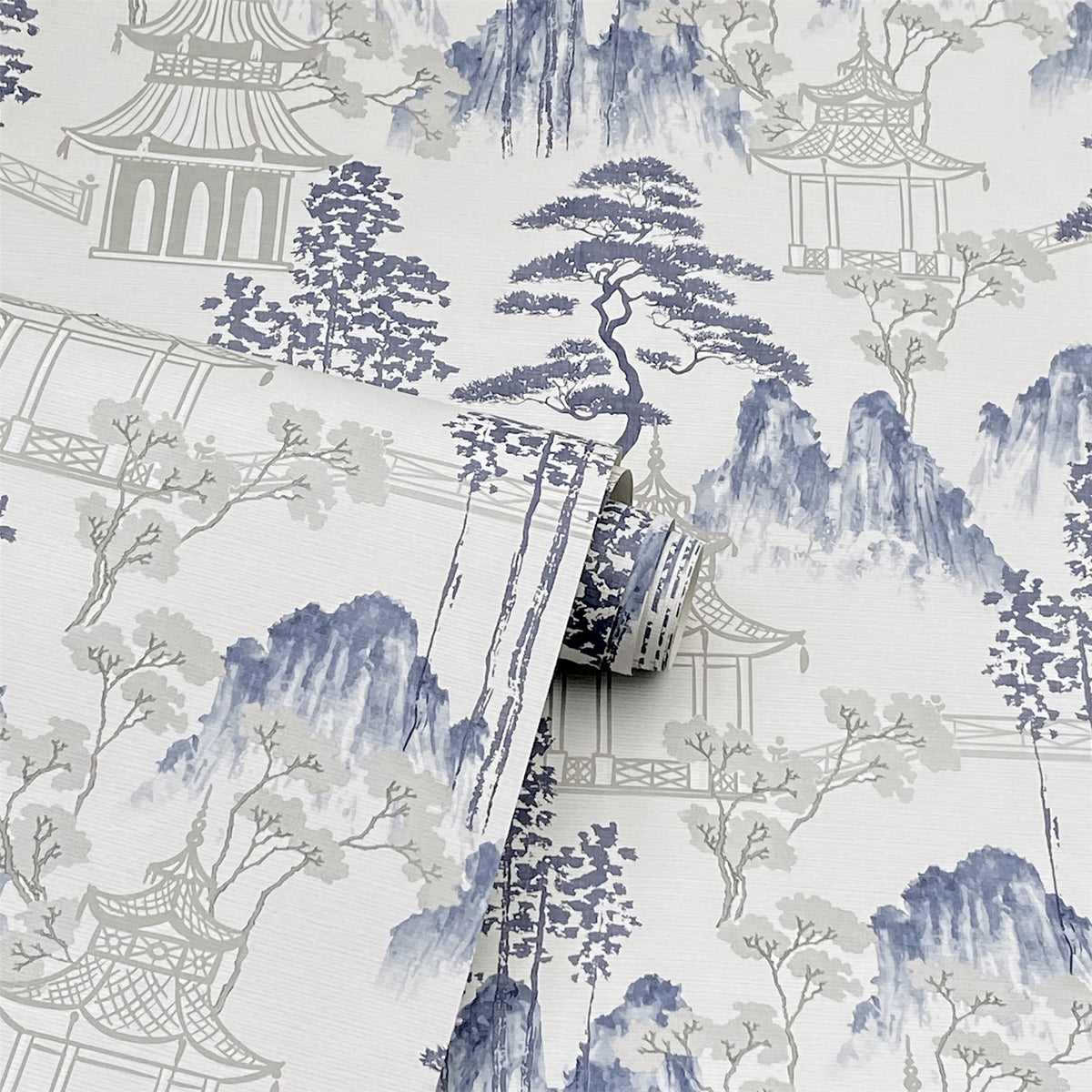 Arthouse Japanese Pagoda Wallpaper – Paste the Paper Blossom and Mountain Design, Blue Grey on Off-White