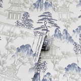 Arthouse Japanese Pagoda Wallpaper – Paste the Paper Blossom and Mountain Design, Blue Grey on Off-White