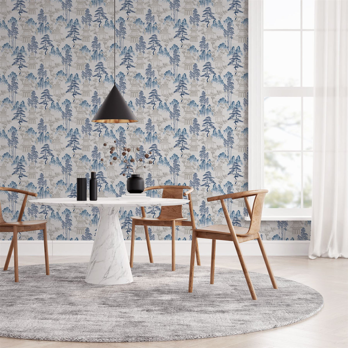 Arthouse Japanese Pagoda Wallpaper – Paste the Paper Blossom and Mountain Design, Blue Grey on Off-White