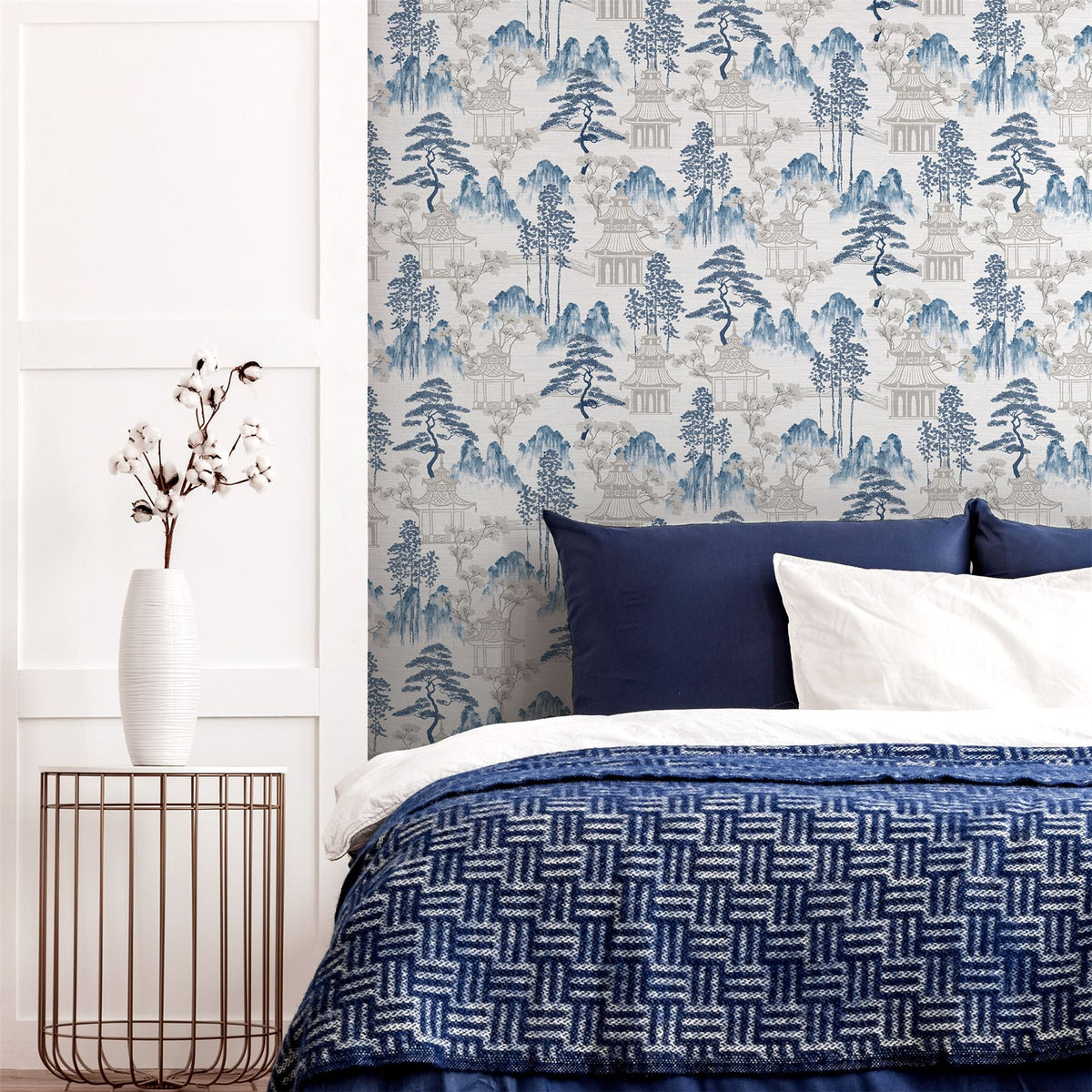 Arthouse Japanese Pagoda Wallpaper – Paste the Paper Blossom and Mountain Design, Blue Grey on Off-White