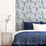 Arthouse Japanese Pagoda Wallpaper – Paste the Paper Blossom and Mountain Design, Blue Grey on Off-White