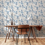 Arthouse Japanese Pagoda Wallpaper – Paste the Paper Blossom and Mountain Design, Blue Grey on Off-White