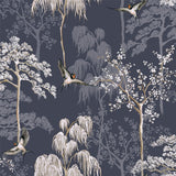 Arthouse Japanese Garden Wallpaper – Hand Drawn Oriental Trees and Birds with Pearlescent Highlights, Blue