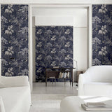 Arthouse Japanese Garden Wallpaper – Hand Drawn Oriental Trees and Birds with Pearlescent Highlights, Blue