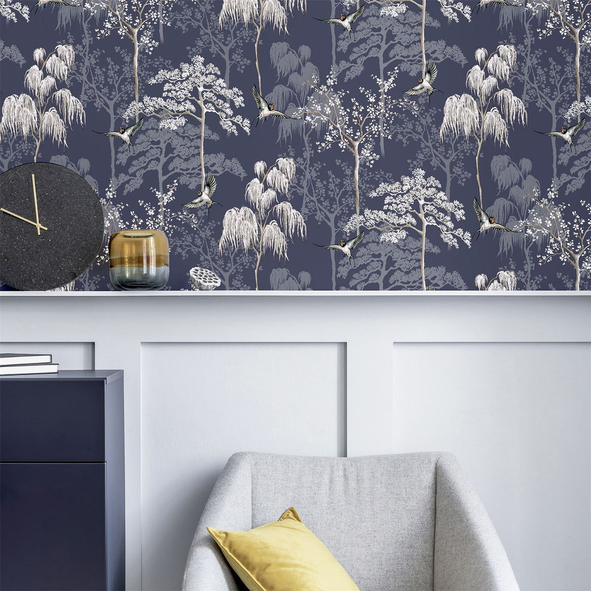Arthouse Japanese Garden Wallpaper – Hand Drawn Oriental Trees and Birds with Pearlescent Highlights, Blue