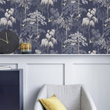 Arthouse Japanese Garden Wallpaper – Hand Drawn Oriental Trees and Birds with Pearlescent Highlights, Blue