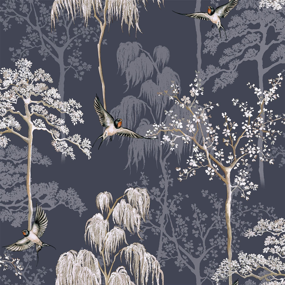 Arthouse Japanese Garden Wallpaper – Hand Drawn Oriental Trees and Birds with Pearlescent Highlights, Blue