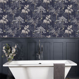 Arthouse Japanese Garden Wallpaper – Hand Drawn Oriental Trees and Birds with Pearlescent Highlights, Blue