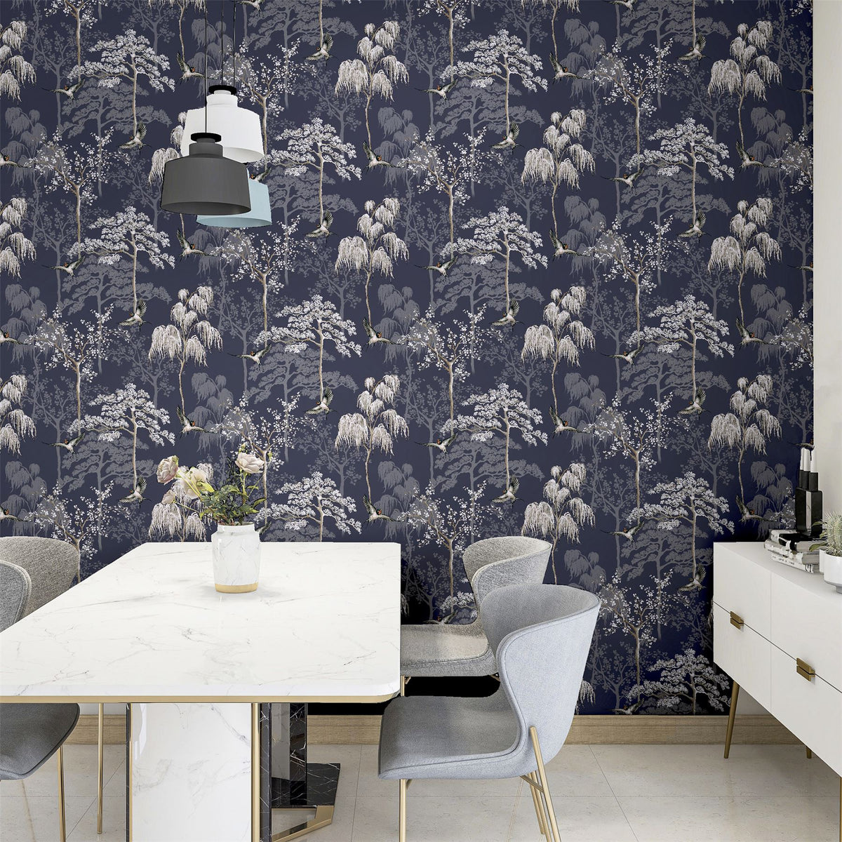 Arthouse Japanese Garden Wallpaper – Hand Drawn Oriental Trees and Birds with Pearlescent Highlights, Blue
