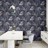 Arthouse Japanese Garden Wallpaper – Hand Drawn Oriental Trees and Birds with Pearlescent Highlights, Blue