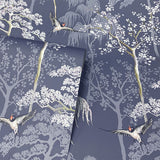 Arthouse Japanese Garden Wallpaper – Hand Drawn Oriental Trees and Birds with Pearlescent Highlights, Blue