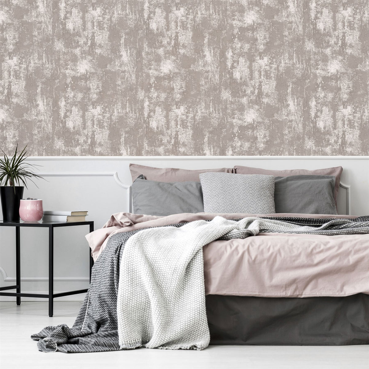 Arthouse Stone Textures Wallpaper – Rough Stone Effect with Metallic Highlights, Blush Pink and Rose Gold