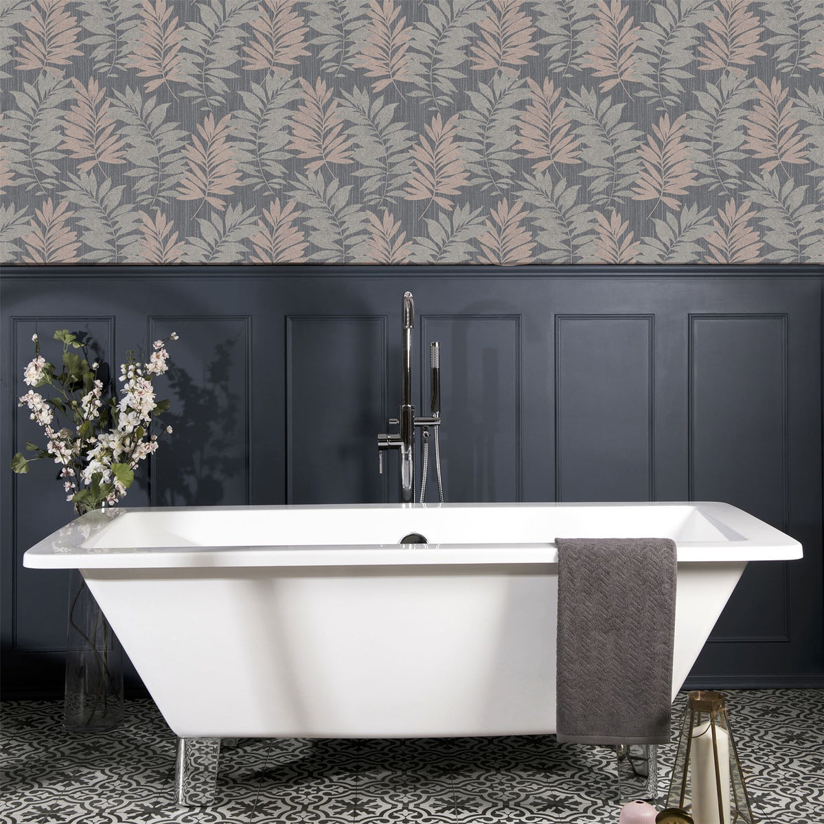 Arthouse Stardust Palm Wallpaper – Glitter Vinyl Leaf Design, Hardwearing for High-Traffic Areas, Grey