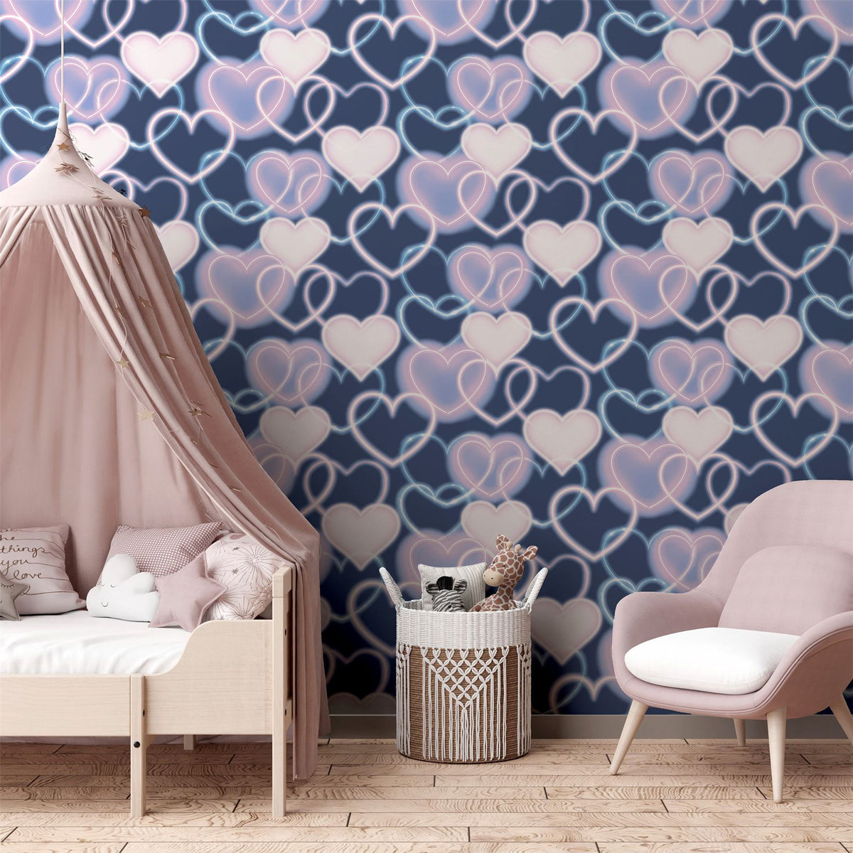 Arthouse Neon Heart Wall Wallpaper – Fun Noughties-Style Heart Print for Teen Bedrooms, Navy and Pink