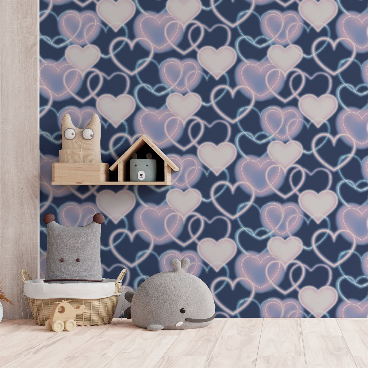 Arthouse Neon Heart Wall Wallpaper – Fun Noughties-Style Heart Print for Teen Bedrooms, Navy and Pink