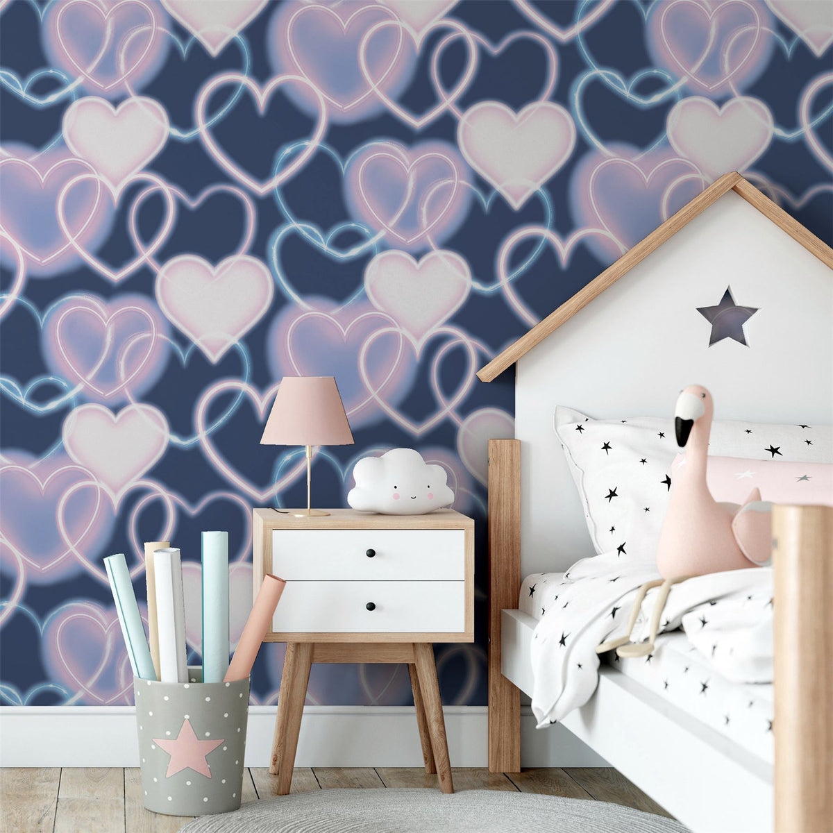 Arthouse Neon Heart Wall Wallpaper – Fun Noughties-Style Heart Print for Teen Bedrooms, Navy and Pink