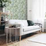 Arthouse Palm Leaves Wallpaper – Layered Tropical Leaf Design on a Light Cream Background, Green