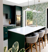 Arthouse Palm Leaves Wallpaper – Layered Tropical Leaf Design on a Light Cream Background, Green