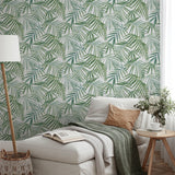 Arthouse Palm Leaves Wallpaper – Layered Tropical Leaf Design on a Light Cream Background, Green