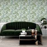 Arthouse Palm Leaves Wallpaper – Layered Tropical Leaf Design on a Light Cream Background, Green