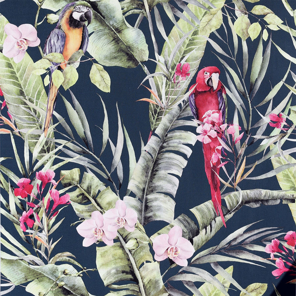 Arthouse Pretty Polly Wallpaper – Tropical Jungle Design with Colourful Parrots and Botanical Motifs, Navy
