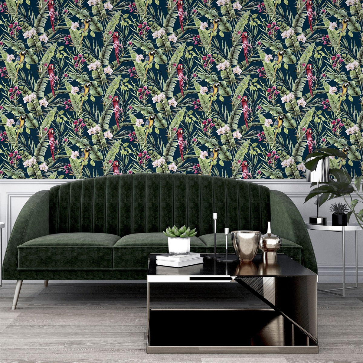 Arthouse Pretty Polly Wallpaper – Tropical Jungle Design with Colourful Parrots and Botanical Motifs, Navy