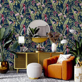 Arthouse Pretty Polly Wallpaper – Tropical Jungle Design with Colourful Parrots and Botanical Motifs, Navy