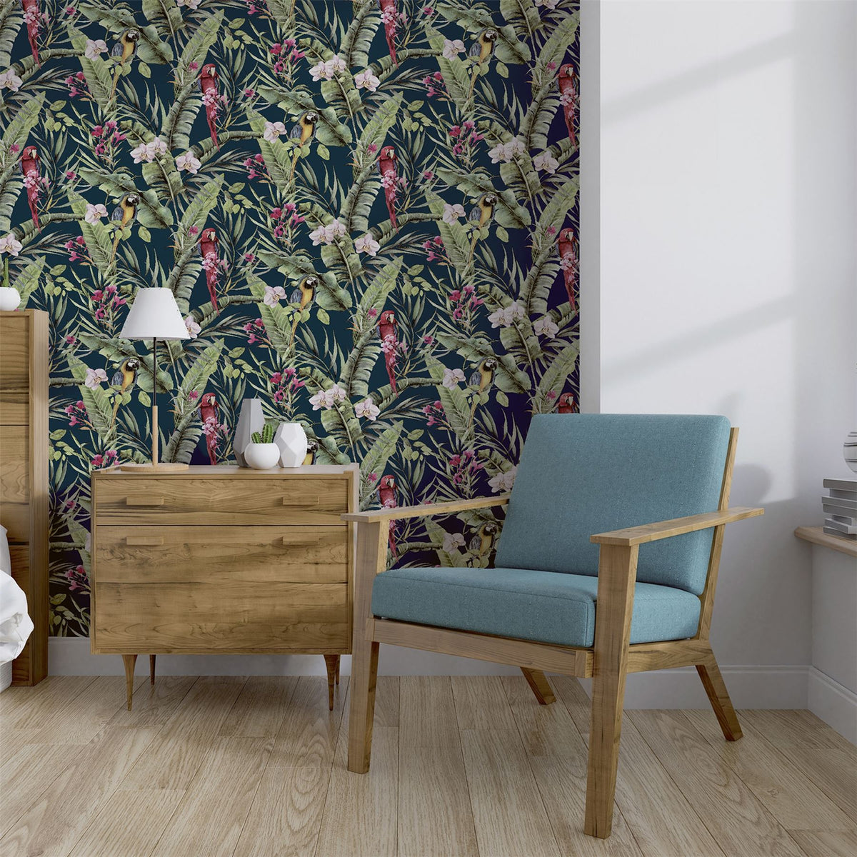 Arthouse Pretty Polly Wallpaper – Tropical Jungle Design with Colourful Parrots and Botanical Motifs, Navy