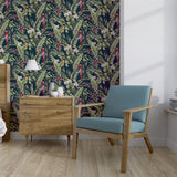 Arthouse Pretty Polly Wallpaper – Tropical Jungle Design with Colourful Parrots and Botanical Motifs, Navy